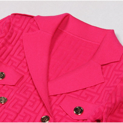 Pink double-breasted belted midi dress with embellished buttons and pockets