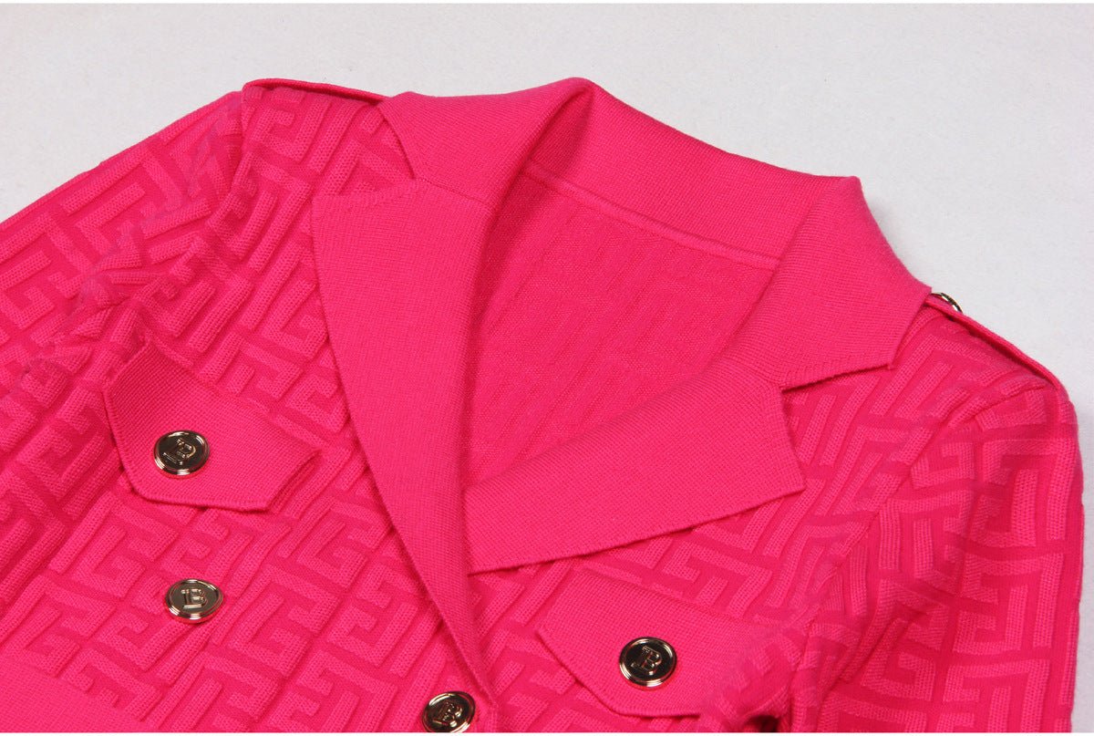 Pink double-breasted belted midi dress with embellished buttons and pockets