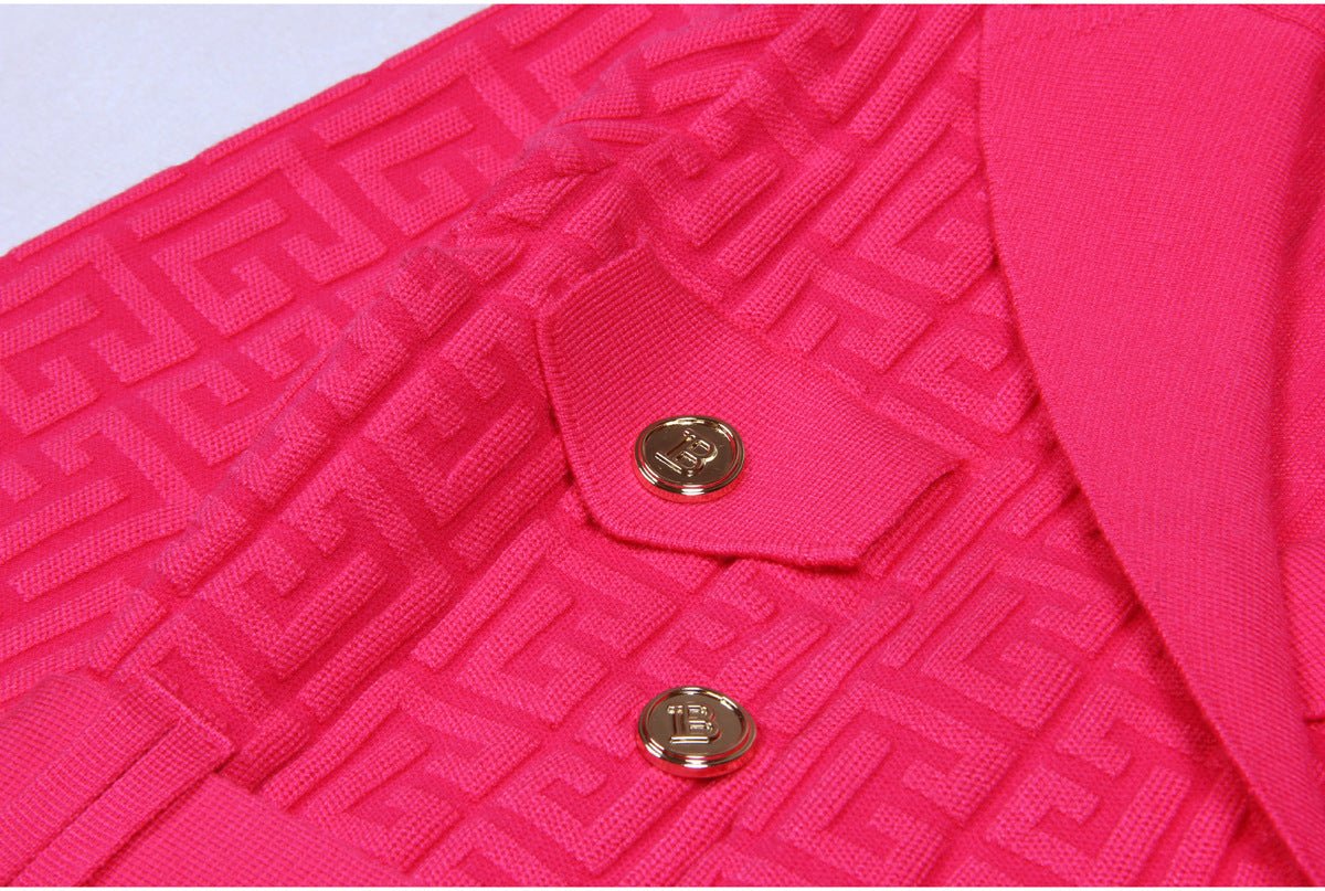 Pink double-breasted belted midi dress with embellished buttons and pockets