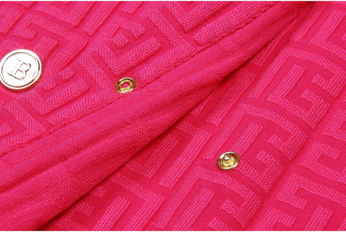 Pink double-breasted belted midi dress with embellished buttons and pockets