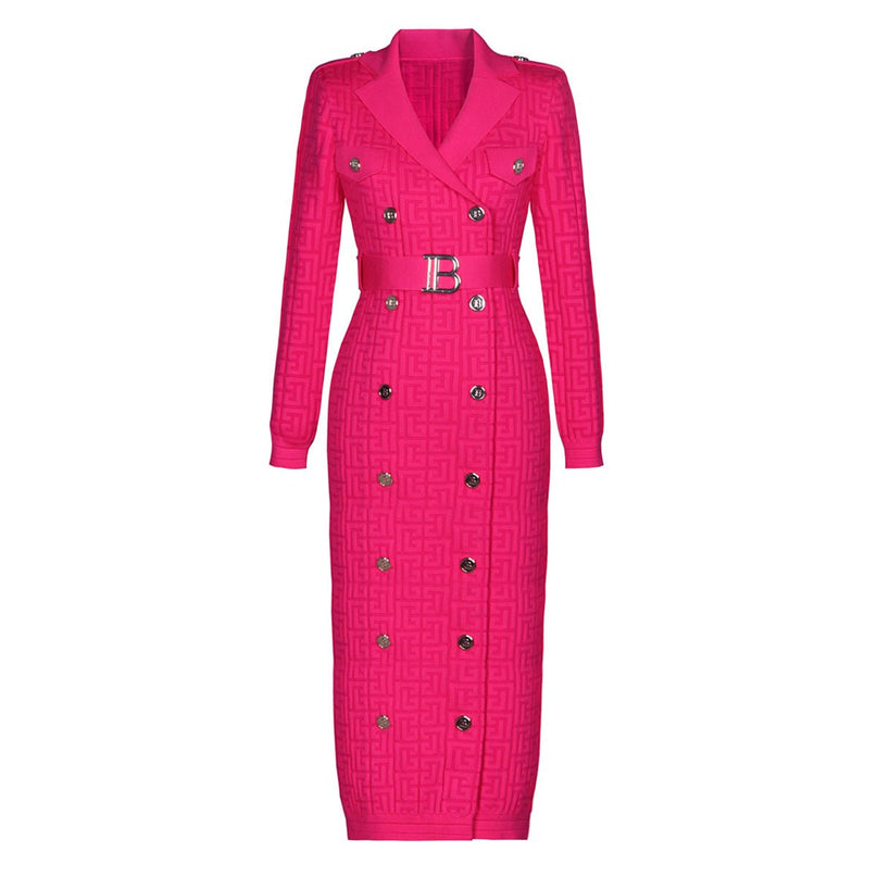 Pink double-breasted belted midi-length dress with embellished buttons and pockets