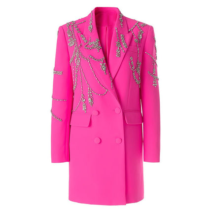 Oversized double-breasted pink coat with floral embellishments and rhinestone accents