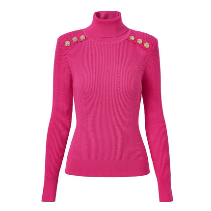 Pink fitted ribbed knit sweater with high neck design and decorative buttons on shoulders