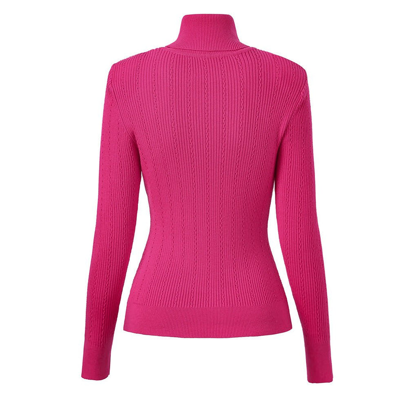 Pink fitted ribbed knit sweater with high neck design and decorative buttons on shoulders