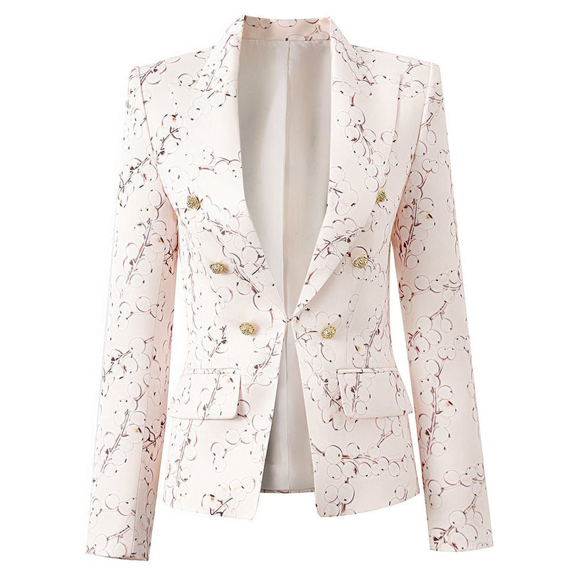 Pink Floral Blazer with Gold Buttons on Light Pastel Background