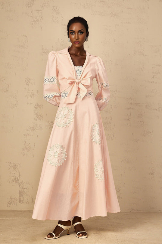 Pink floral embroidered blouse and dress set featuring Romy design with delicate floral patterns on a light background