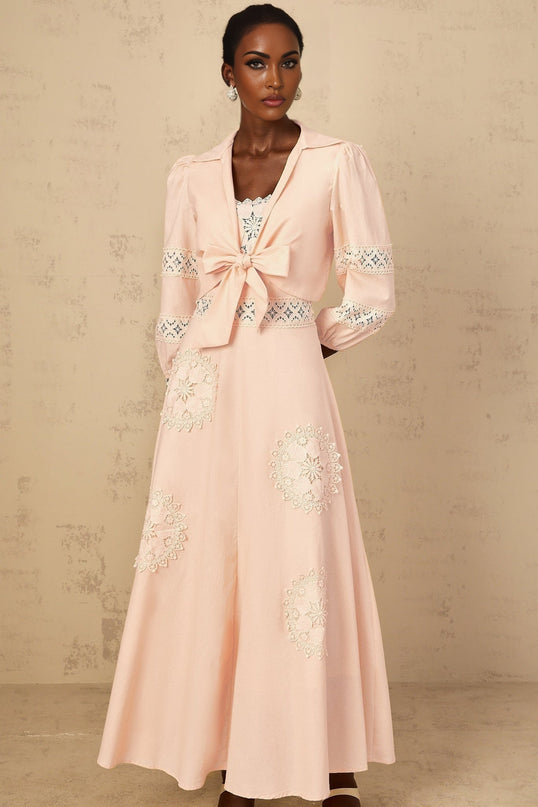 Pink floral embroidered blouse and dress set for girls named Romy featuring delicate floral embroidery on a light pink background