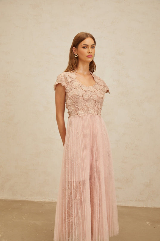Pink Floral Embroidered Tulle Midi Dress with Cap Sleeves and Cinched Waist
