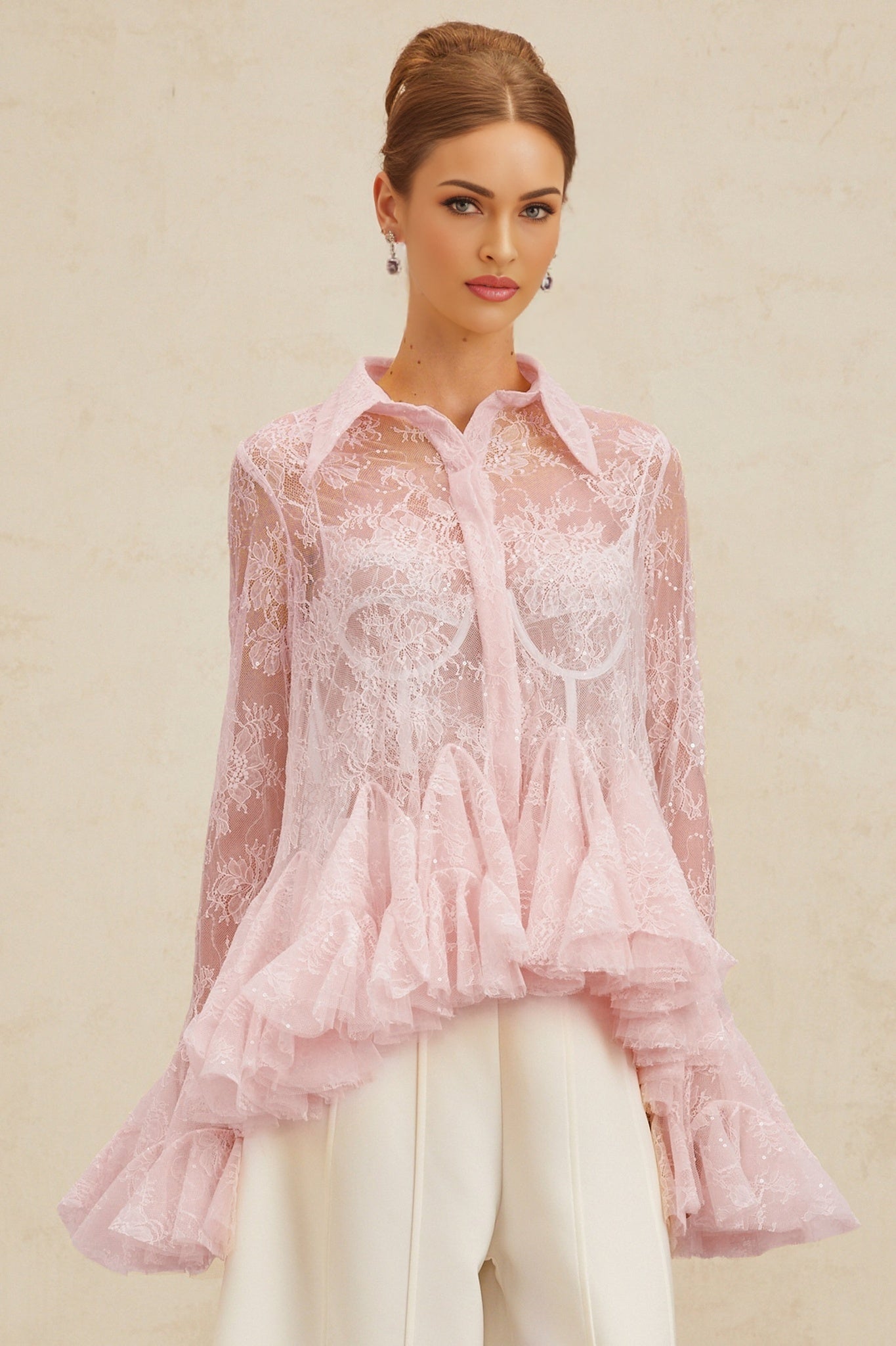 Pink Floral Lace Peplum Blouse with Sequin Embellishment
