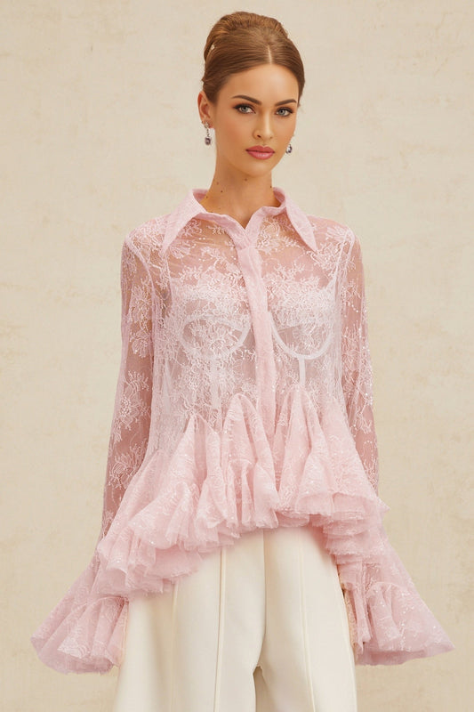 Pink Floral Lace Peplum Blouse with Sequin Embellishment