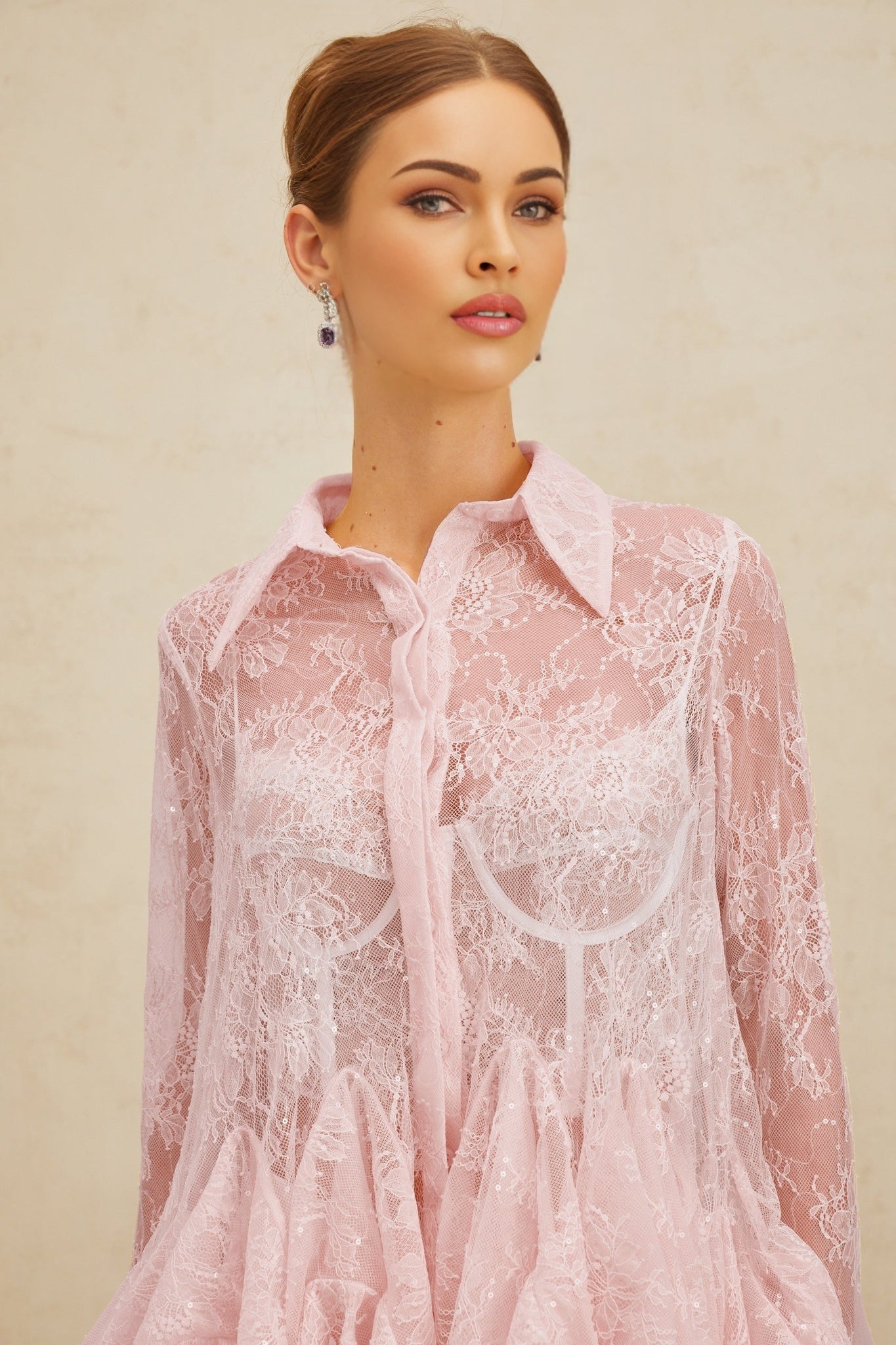 Pink Floral Lace Peplum Top with Sequin Embellishment
