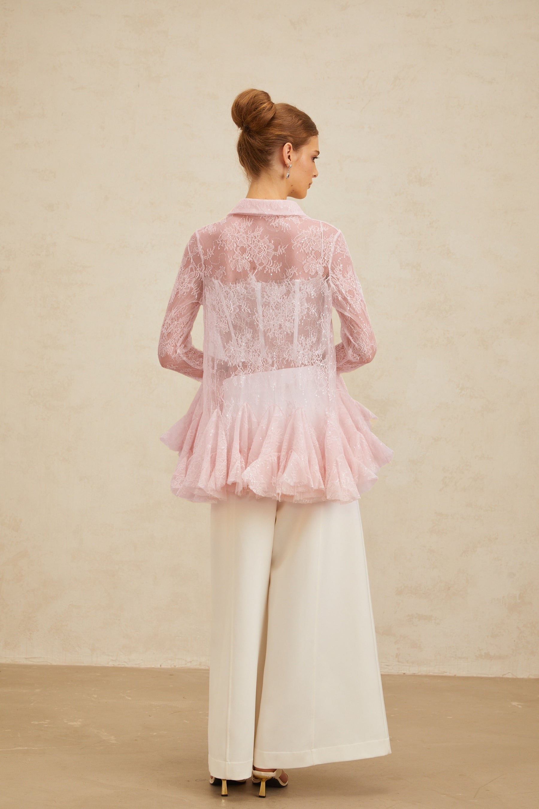 Pink Floral Lace Peplum Top with Sequin Embellishment