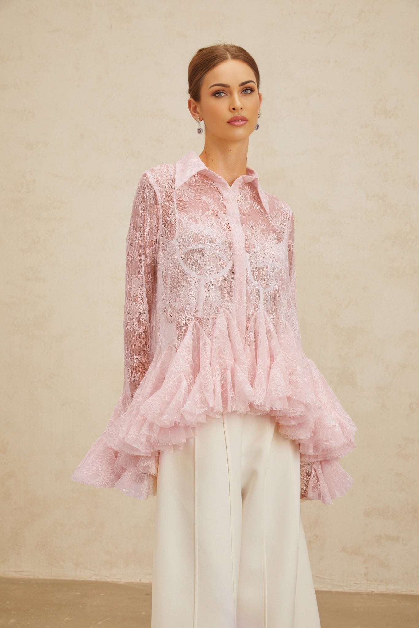 Pink Floral Lace Peplum Top with Sequin Embellishment