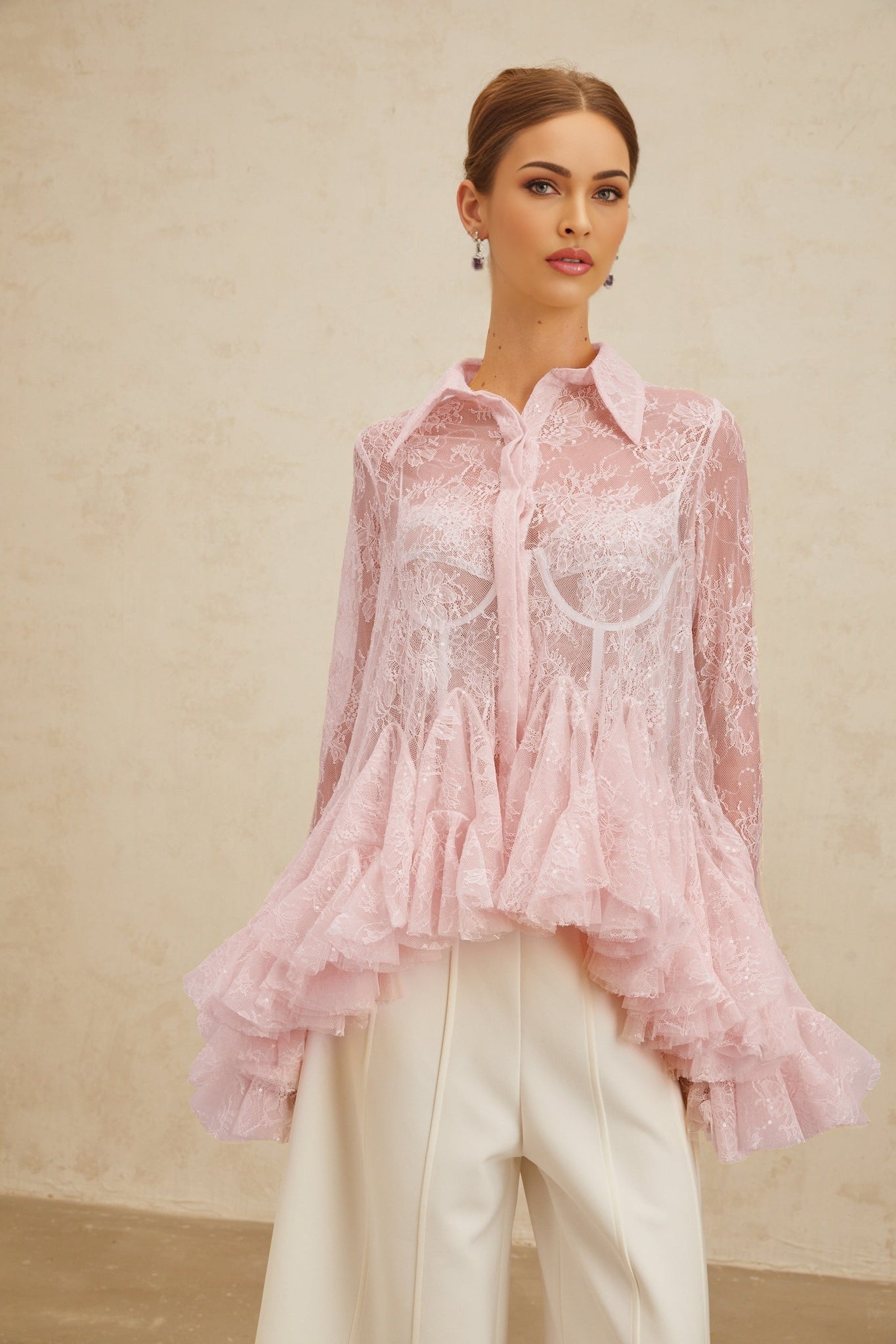 Pink Floral Lace Peplum Top with Sequin Embellishment