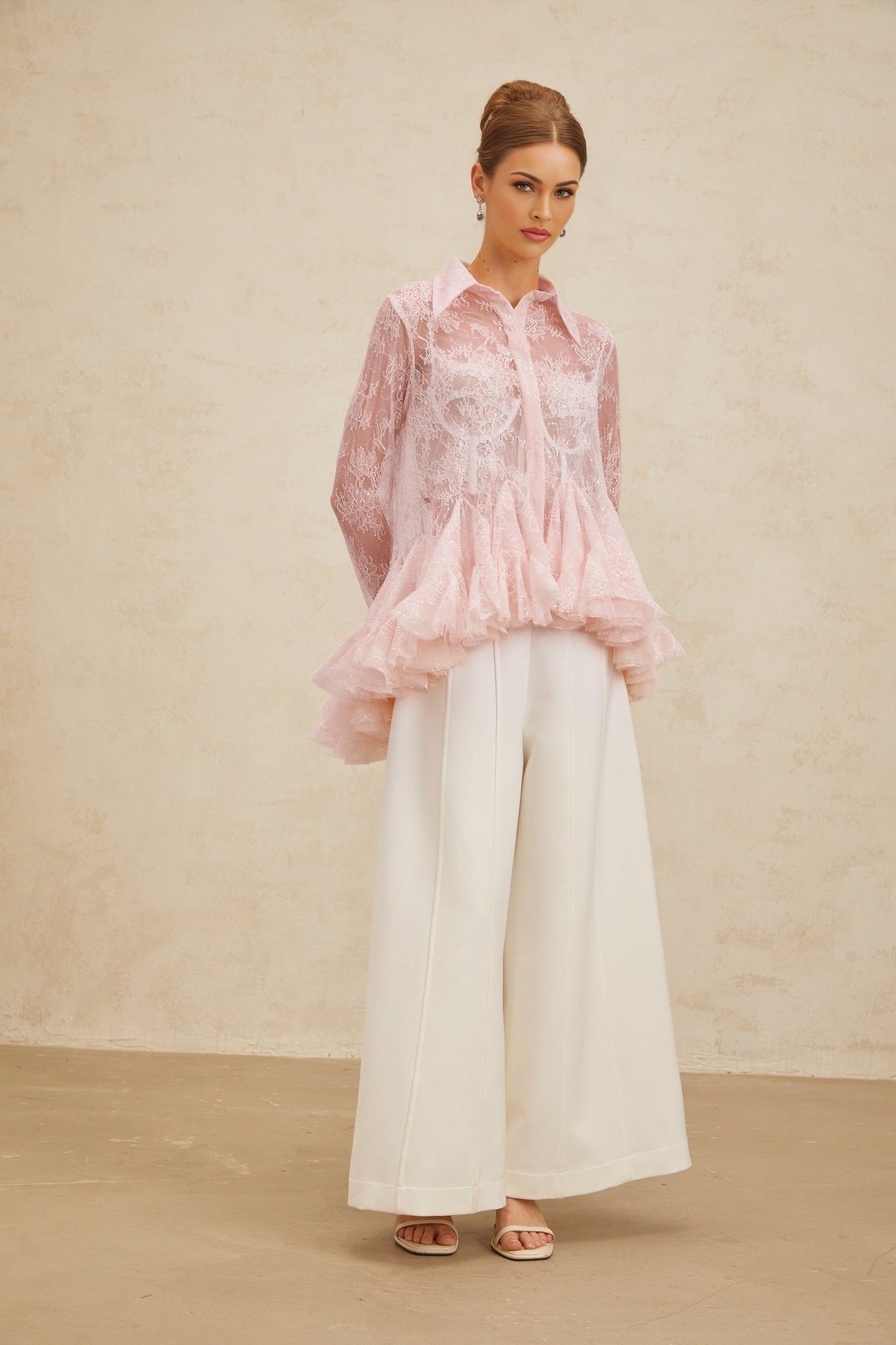 Pink Floral Lace Peplum Top with Sequin Embellishment