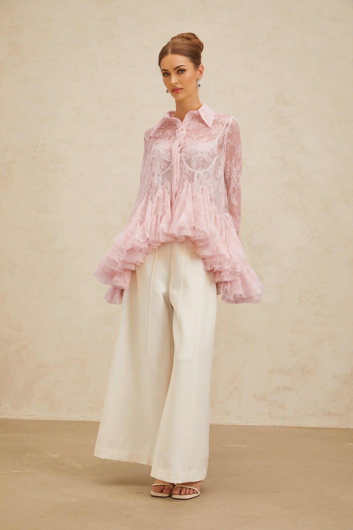 Pink Floral Lace Peplum Top with Sequin Embellishment