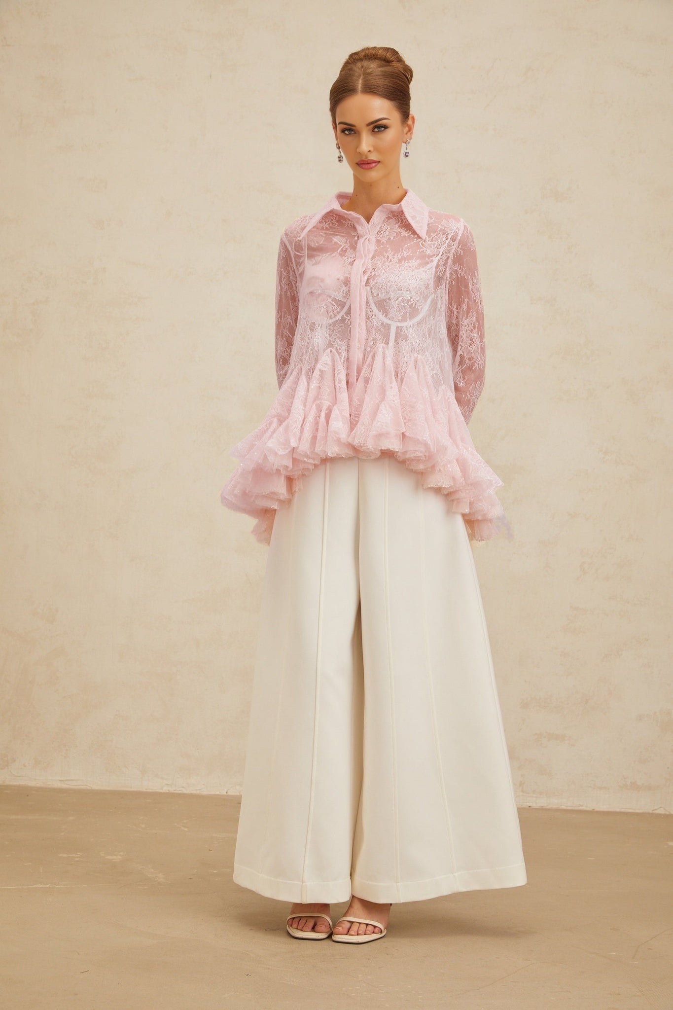 Pink Floral Lace Peplum Top with Sequin Embellishment