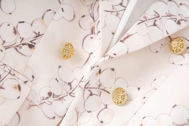 Pink Floral Pattern Blazer with Gold Buttons on Light Pastel Background