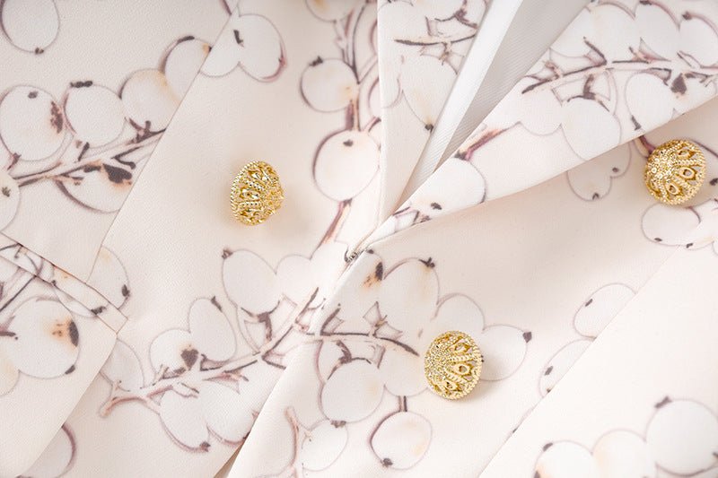 Pink Floral Pattern Blazer with Gold Buttons on Light Pastel Pink Background