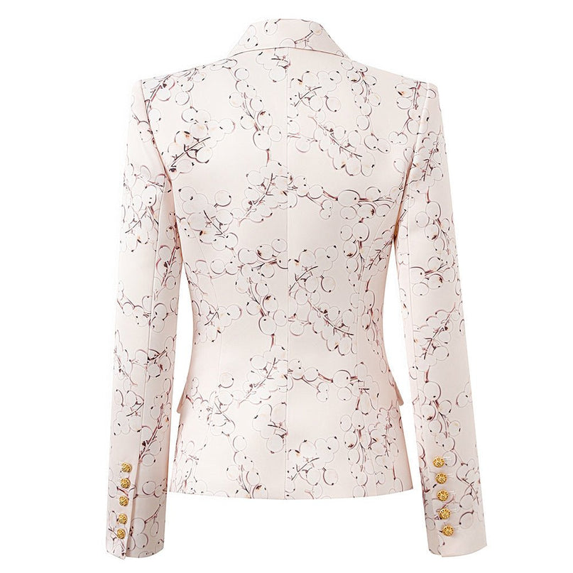 Pink Floral Pattern Blazer with Gold Buttons on Light Pastel Background