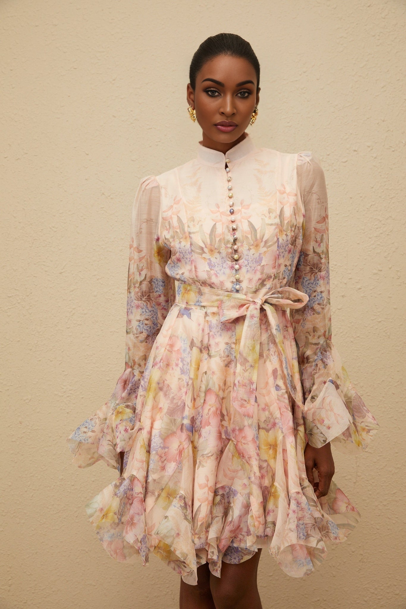Pink Floral Print Linen Dress with Flared Cuffs and Tied Waist
