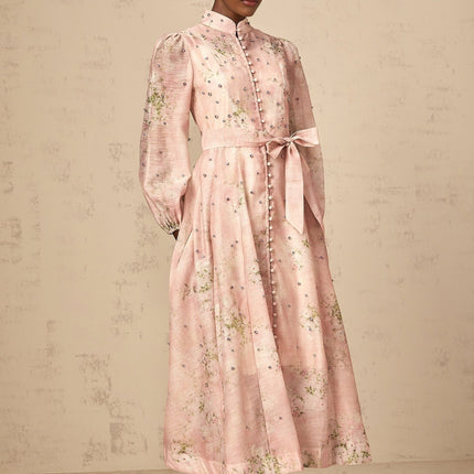 Pink floral print midi dress with embellishments and a narcisse design