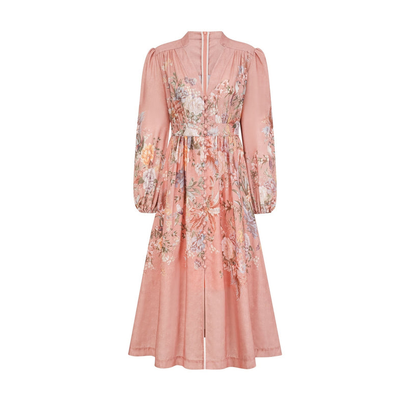 Pink floral print midi dress with Vneck called Sidonie