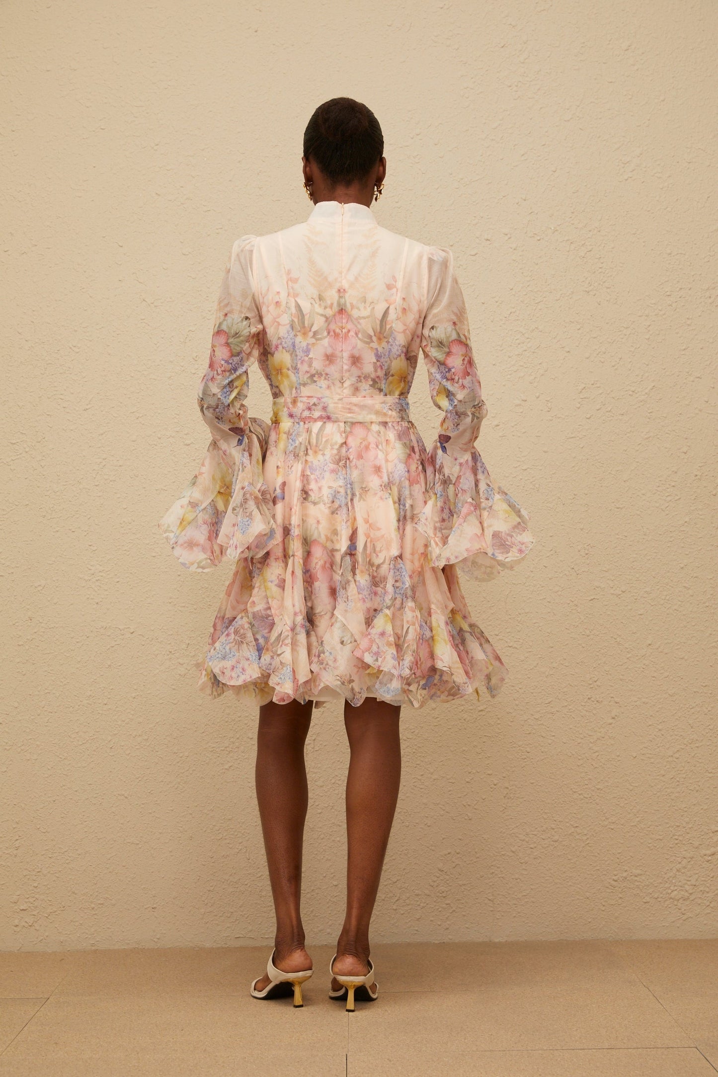 Pink Floral Print Mini Dress with Flared Cuffs and Tied Waist