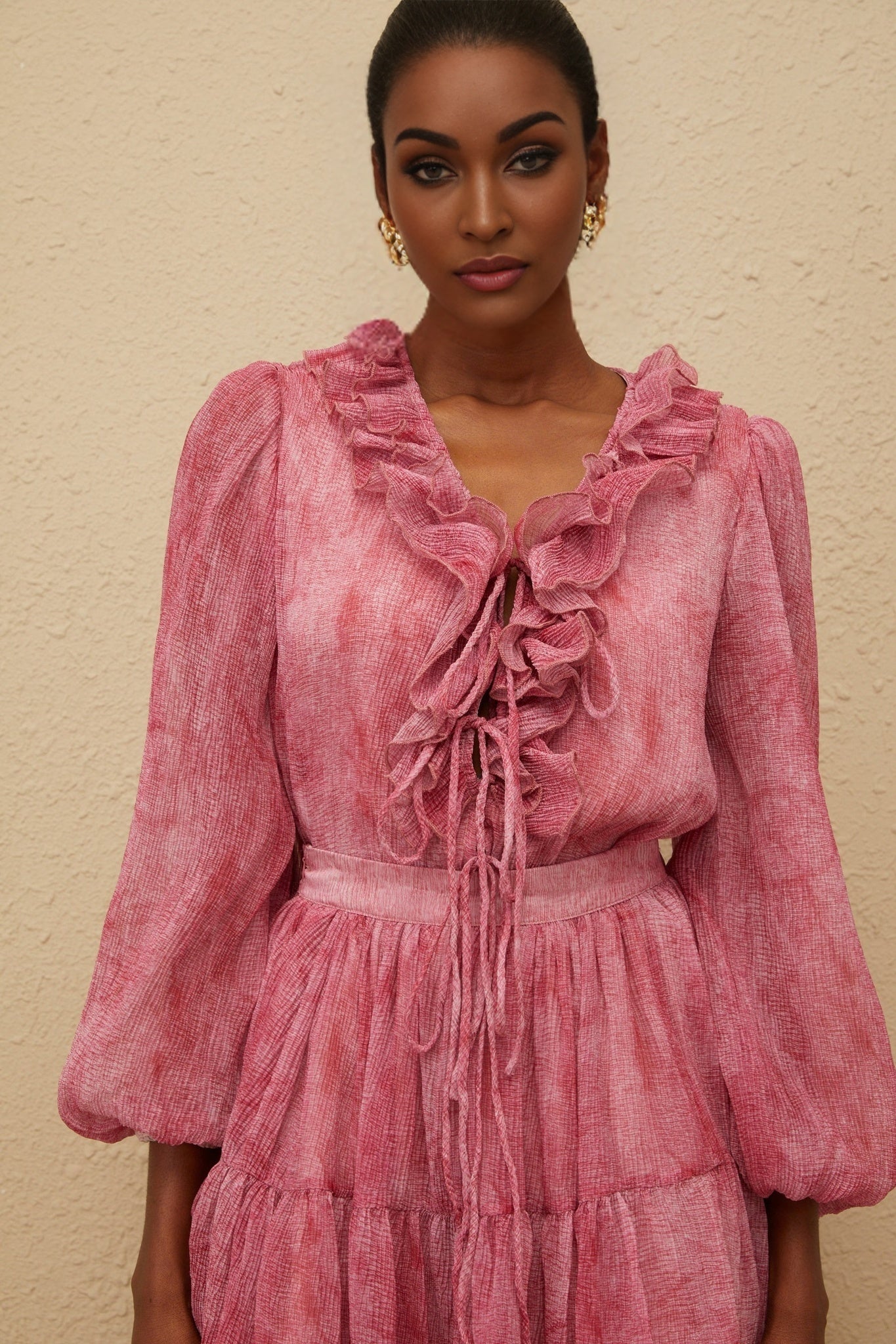 Pink Fuchsia V-neck Blouse and Skirt Set with Ruffled Trim and Textured Finish