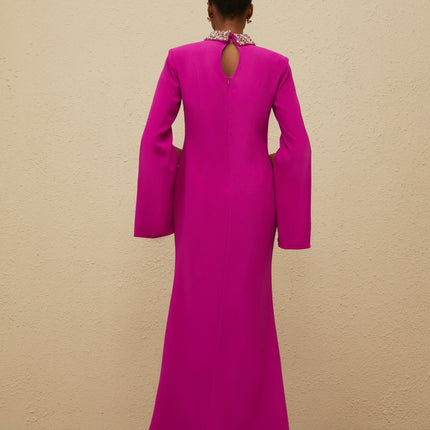 Pink Fuchsia Mock Neck Maxi Dress with Bead and Crystal Embellishments