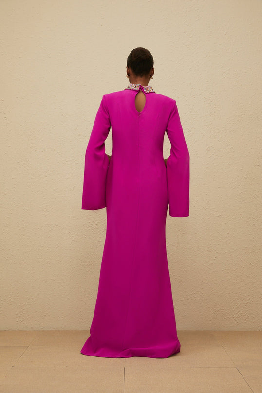 Pink Fuchsia Mock Neck Maxi Dress with Bead and Crystal Embellishments