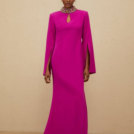 Pink Fuchsia Mock Neck Maxi Dress with Bead and Crystal Embellishment