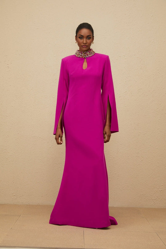 Pink Fuchsia Mock Neck Maxi Dress with Bead and Crystal Embellishment
