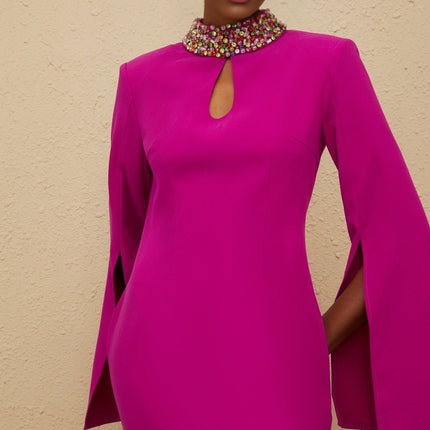 Pink Fuchsia Mock Neck Maxi Dress with Bead and Crystal Embellishments