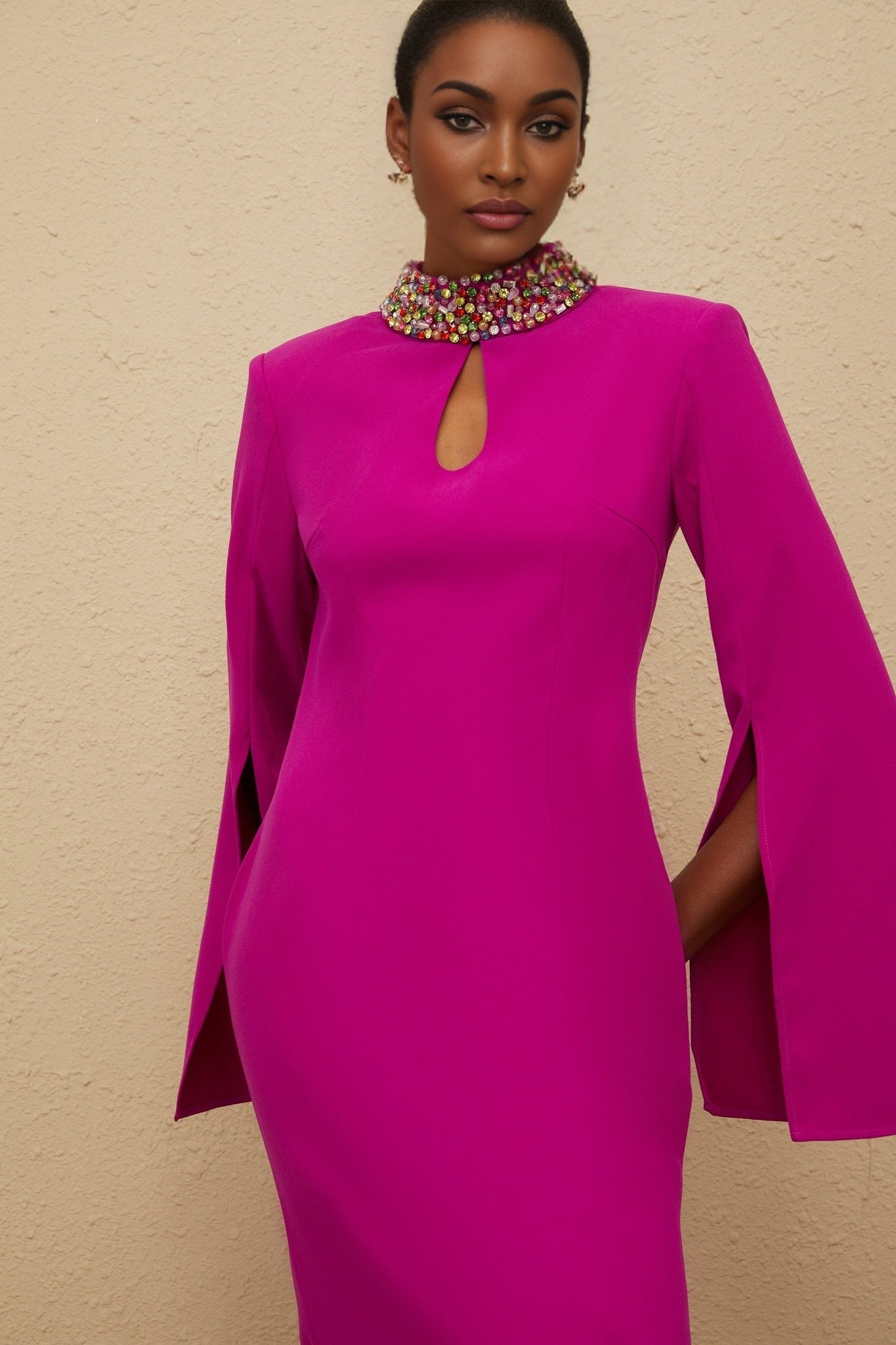 Pink Fuchsia Mock Neck Maxi Dress with Bead and Crystal Embellishments