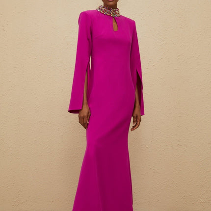 Pink Fuchsia Mock Neck Maxi Dress with Bead and Crystal Embellishment