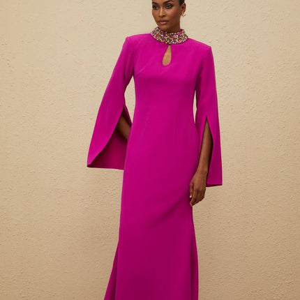 Pink Fuchsia Mock Neck Maxi Dress with Bead and Crystal Embellishment