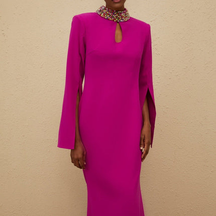 Pink Fuchsia Mock Neck Maxi Dress with Bead and Crystal Embellishments