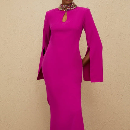 Pink Fuchsia Mock Neck Maxi Dress with Bead and Crystal Embellishment