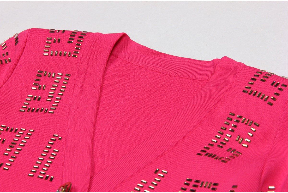 Pink Geometric Cutout Cardigan and Skirt Set with Gold Details