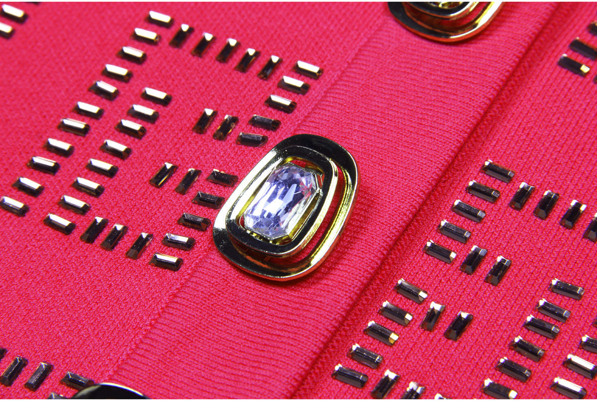 Pink Geometric Cutout Cardigan and Skirt Set with Gold Details