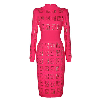 Bold pink geometric patterned cutout dress with metallic accents
