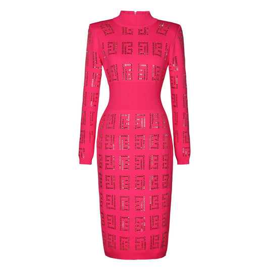 Bold pink geometric patterned cutout dress with metallic accents