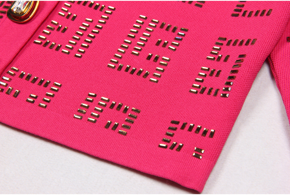 Pink Geometric Cutout Fitted Cardigan and Mini Skirt with Gold Details