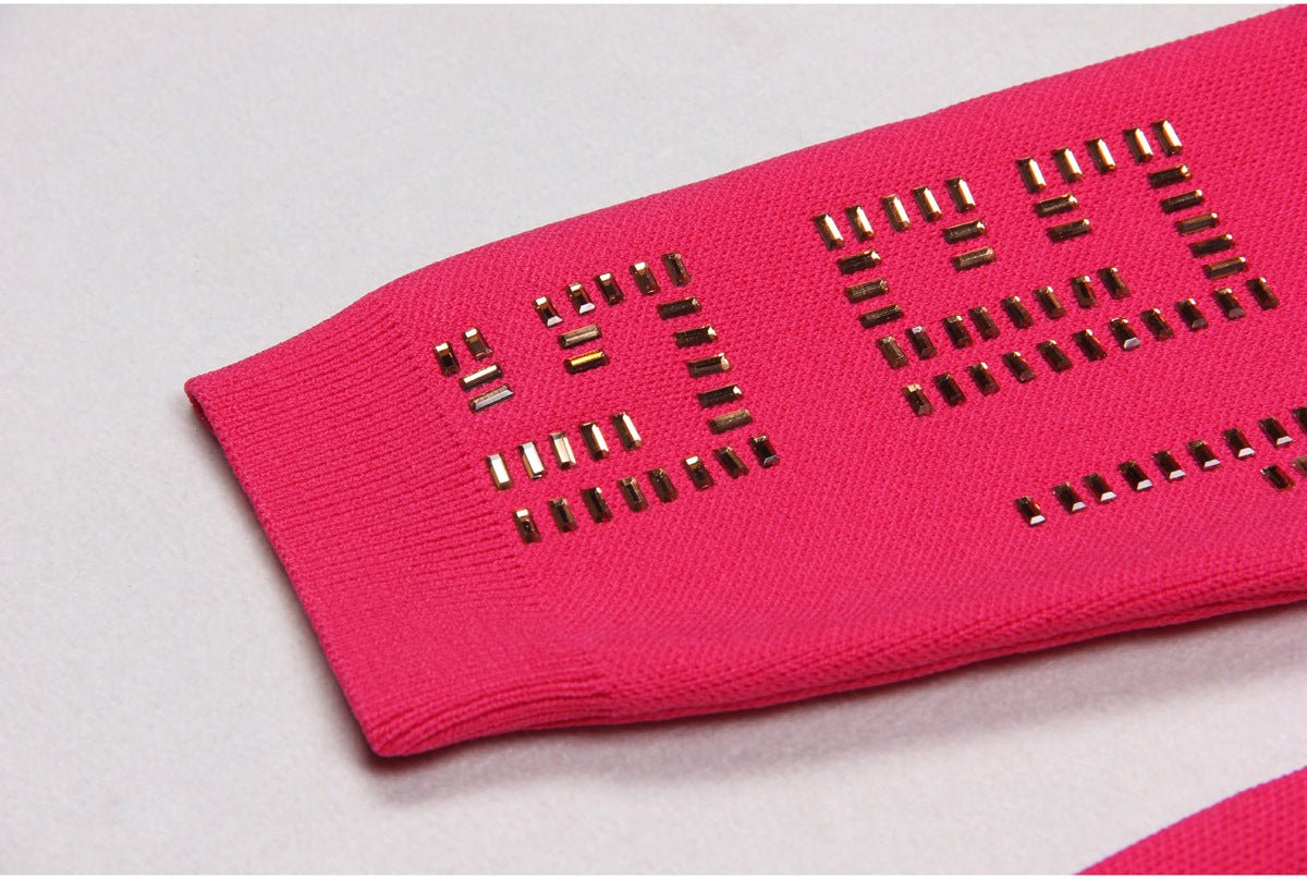 Fitted pink geometric patterned cutout dress with metallic accents