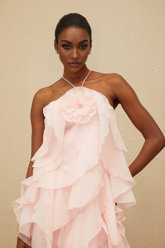 Pink Halterneck Sleeveless Tiered Ruffled 3D-petal Floral Appliqué Knee Length Dress