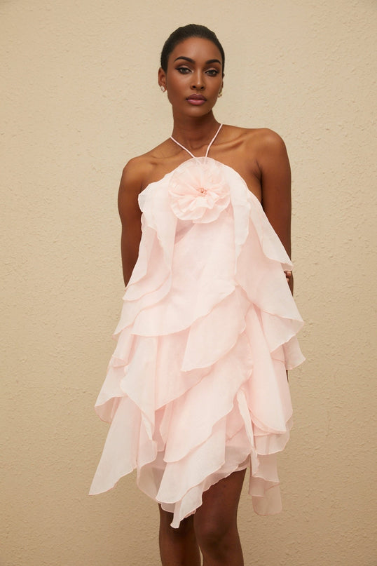 Pink Halterneck Tiered Design Floral Appliqué Dress