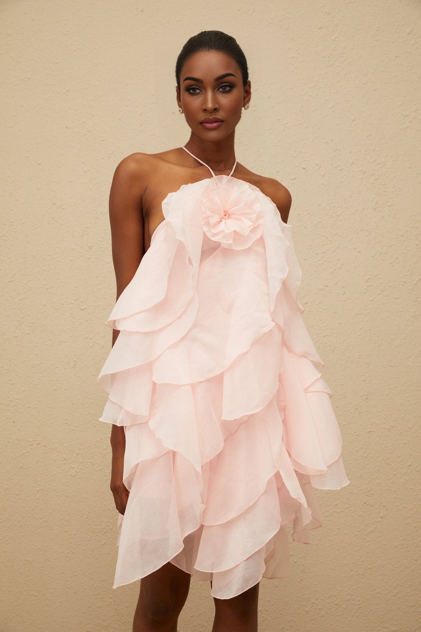 Pink Halterneck Tiered Design Ruffled Sleeveless Dress with Floral Appliqué