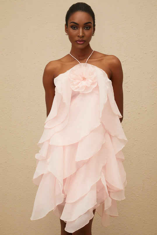 Pink Halterneck Tiered Ruffled 3D-Petal Floral Appliqué Dress
