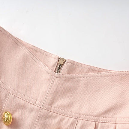 Pink high-waisted A-line skirt with double-breasted button detailing